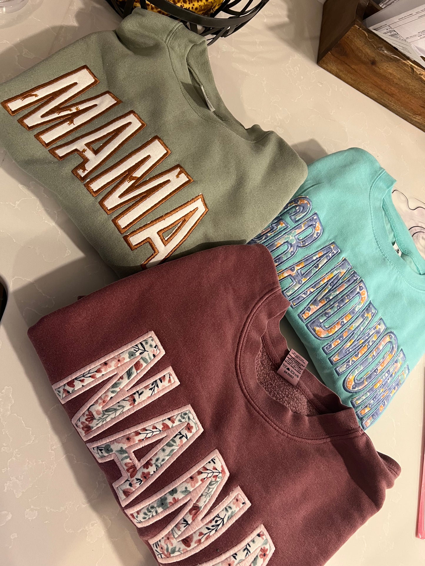 Custom MAMA sweatshirt with customer provided fabric